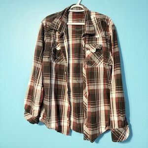 Men's Casual Plaid Button-Down Shirt - Red and White